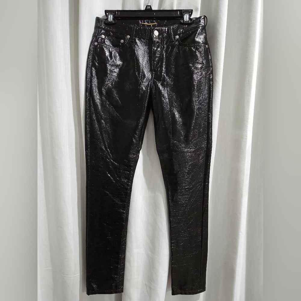 SAINT LAURENT Runway Black Vinyl High‎ Waist Slim Shiny Skinny Pants 28